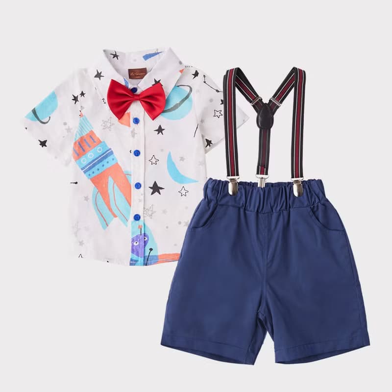 Charles系列太空襯衫藍色吊帶短褲組(附吊帶)