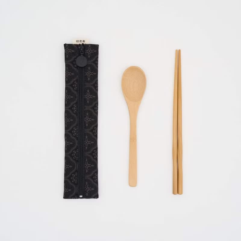 拉鏈餐具袋(含餐具)/玻璃海棠/紳士黑色