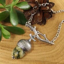 Olive Green Jasper Silver Acorn Branch Forest Woodland Necklace Jewelry Gift