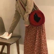 復古感手工斜背包/側背包 長毛黑貓小圓包