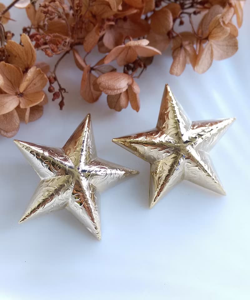 Vintage Jewelry 西洋古董飾品 壓紋 立體星星 夾式耳環