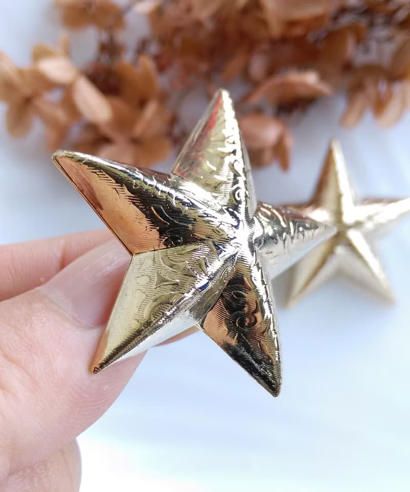 Vintage Jewelry 西洋古董飾品 壓紋 立體星星 夾式耳環