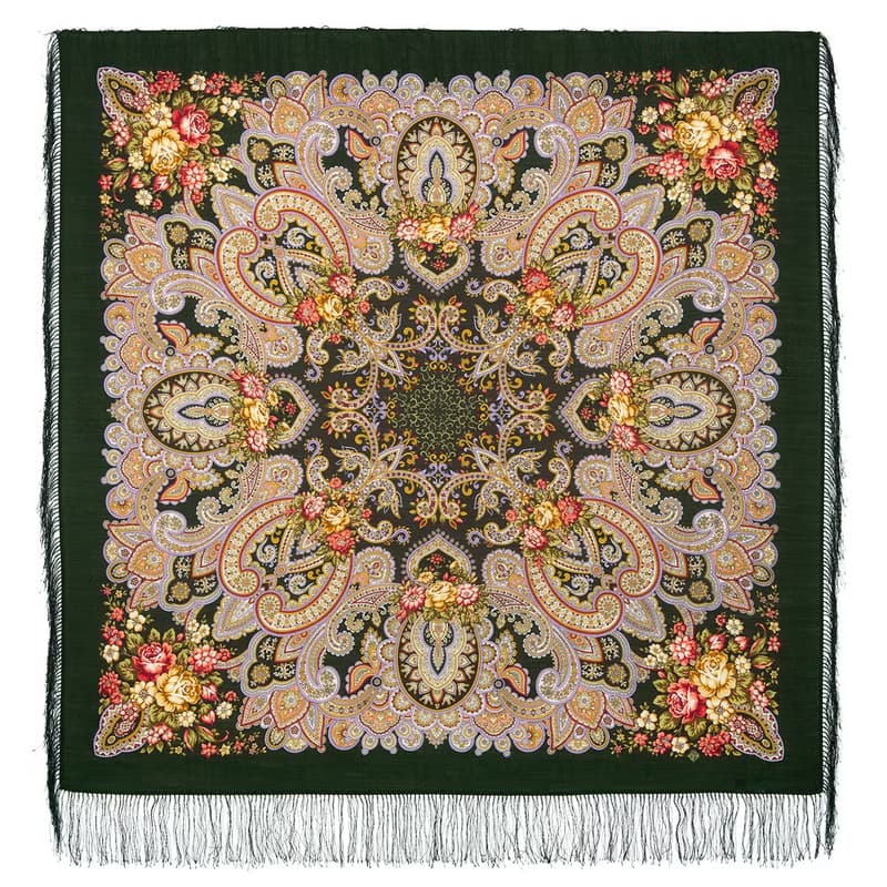 Pavlovo Posad Russian Shawl 100% Wool Scarf 125x125 cm Wrap Silk Fringe 1802-10
