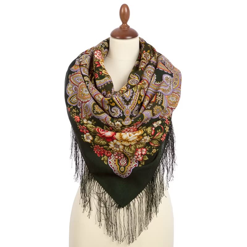 Pavlovo Posad Russian Shawl 100% Wool Scarf 125x125 cm Wrap Silk Fringe 1802-10