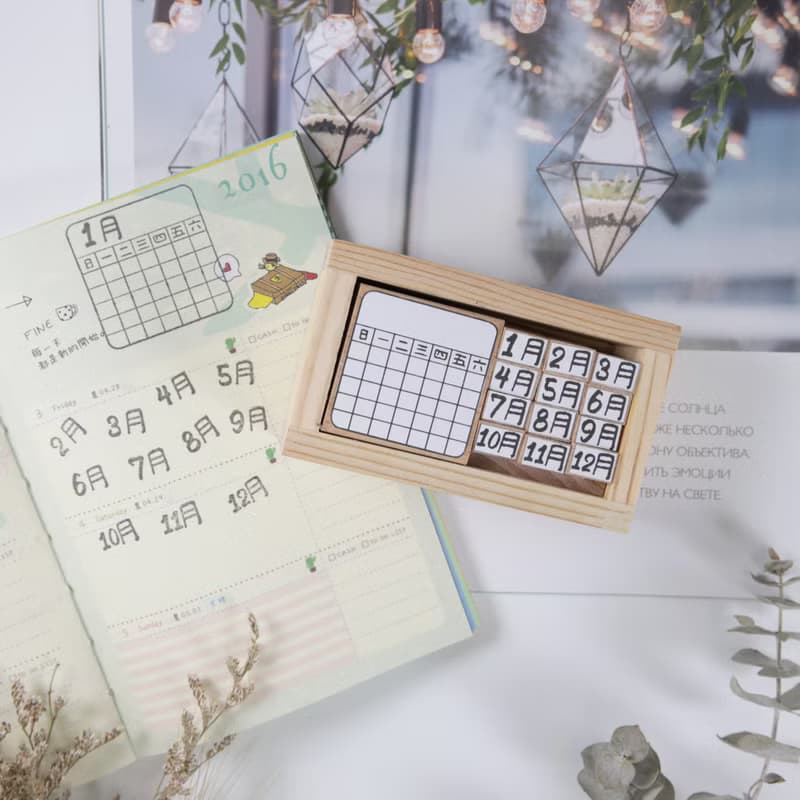 櫸木 萬年曆印章 1月~12月 月曆 星期 手帳 中文 英文 日文可以選