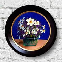 用鲜花画画。 水仙花花束。 30x30厘米油。 帆布在纸板上