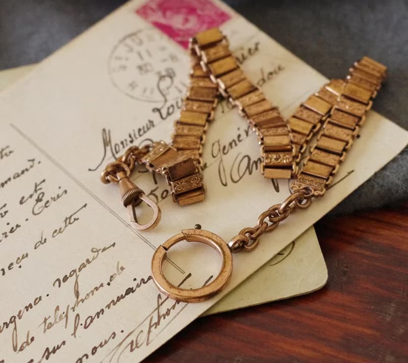 骨董法國包金玫瑰金窗花雕花懷錶鍊 手鍊 項鍊 BR262