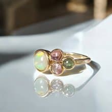 Opal ring decorated with Pink Tourmaline & Green tourmaline, Silver 925 setting