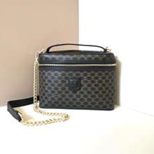 稀有款中古二手Celine黑色老花皮革化妝單肩側背孭斜揹小包手袋