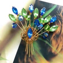 Vintage Jewelry 西洋古董飾品 立體 金絲 萊茵扇形花束 別針