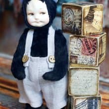 Baby bear teddy doll created with blue italian viscose with hand painted face