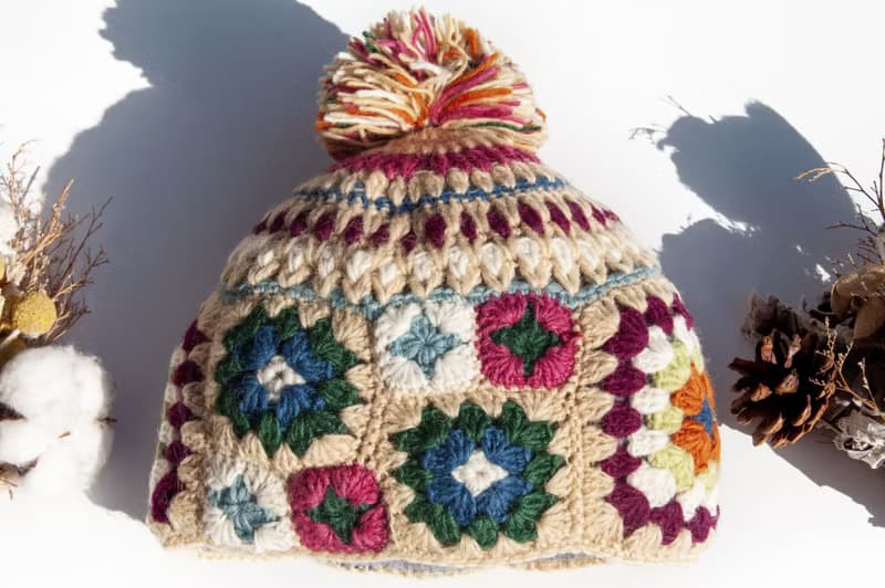 手工編織純羊毛帽/針織編織帽 內刷毛手織毛帽 毛線帽-花朵鉤織風