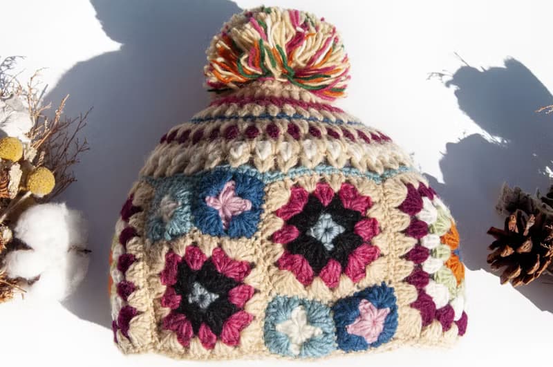 手工編織純羊毛帽/針織編織帽 內刷毛手織毛帽 毛線帽-花朵鉤織風