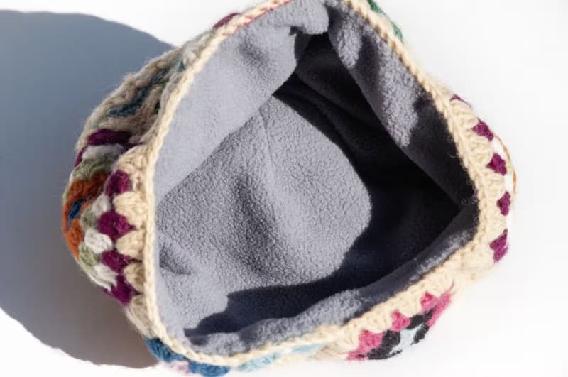 手工編織純羊毛帽/針織編織帽 內刷毛手織毛帽 毛線帽-花朵鉤織風