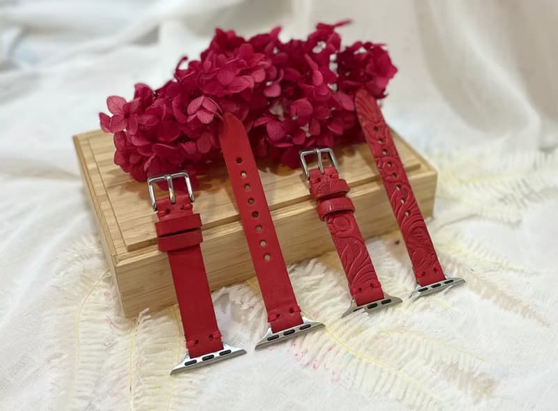 Timeless 手工 意大利單層牛皮 雕花 暗紅 Apple Watch 錶帶