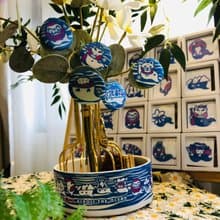 飄洋過海守護靈插畫-招財貓-富士山-不倒翁-南瓜-桃太郎布面胸章