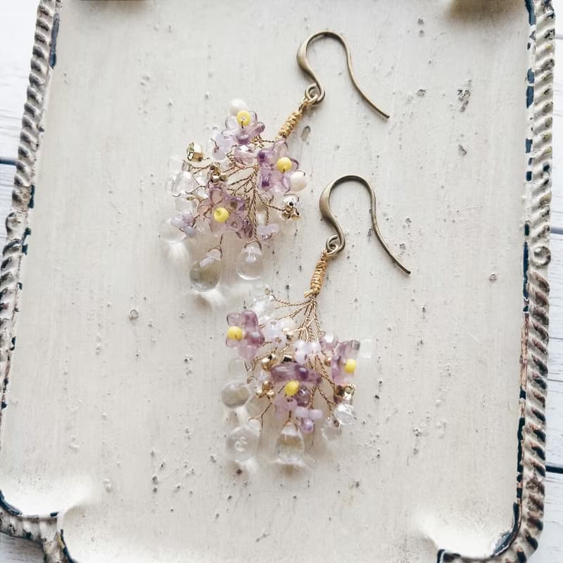 串珠 編織 耳環 花束  紫丁香 水滴  可改夾式