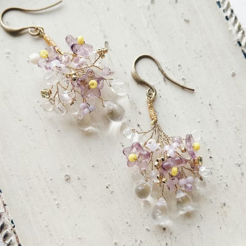 串珠 編織 耳環 花束  紫丁香 水滴  可改夾式