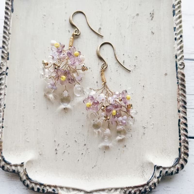 串珠 編織 耳環 花束  紫丁香 水滴  可改夾式