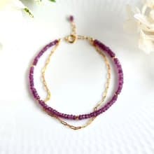 オリジナル ピンクサファイアと波チェーンの2連ブレスレット アジャスター付き 9月誕生石