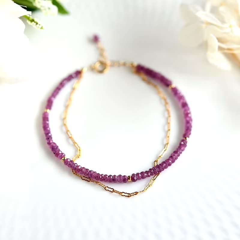 オリジナル ピンクサファイアと波チェーンの2連ブレスレット アジャスター付き 9月誕生石