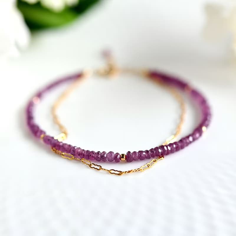 オリジナル ピンクサファイアと波チェーンの2連ブレスレット アジャスター付き 9月誕生石