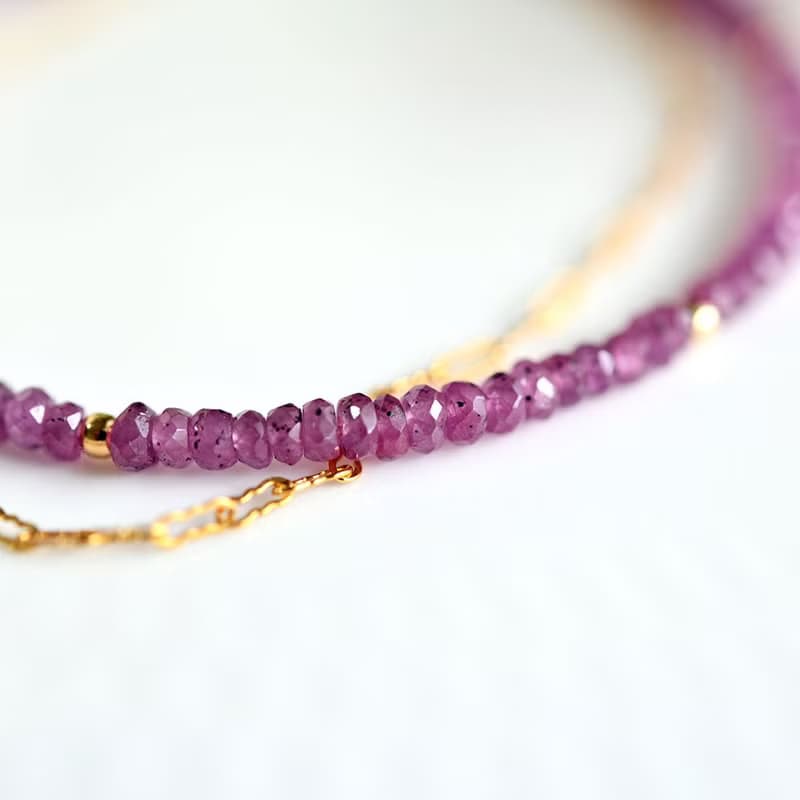 オリジナル ピンクサファイアと波チェーンの2連ブレスレット アジャスター付き 9月誕生石
