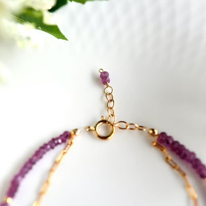 オリジナル ピンクサファイアと波チェーンの2連ブレスレット アジャスター付き 9月誕生石