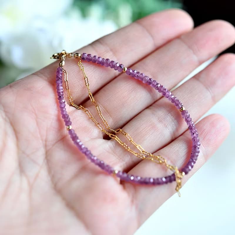 オリジナル ピンクサファイアと波チェーンの2連ブレスレット アジャスター付き 9月誕生石