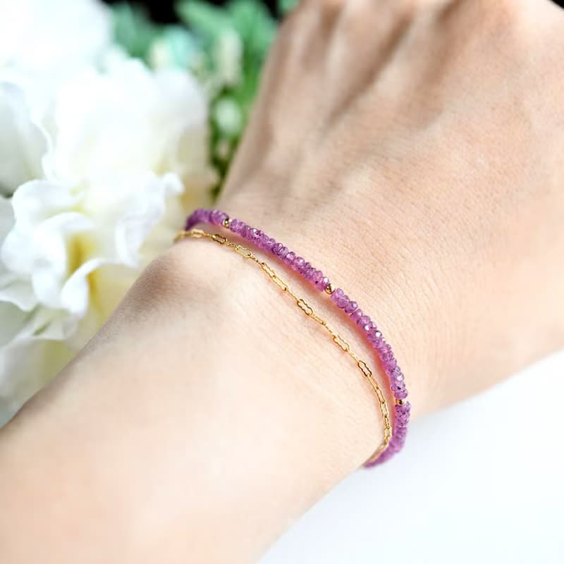 オリジナル ピンクサファイアと波チェーンの2連ブレスレット アジャスター付き 9月誕生石