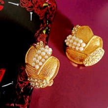vintage jewelry 典雅金色珍珠萊茵花卉 夾式耳環