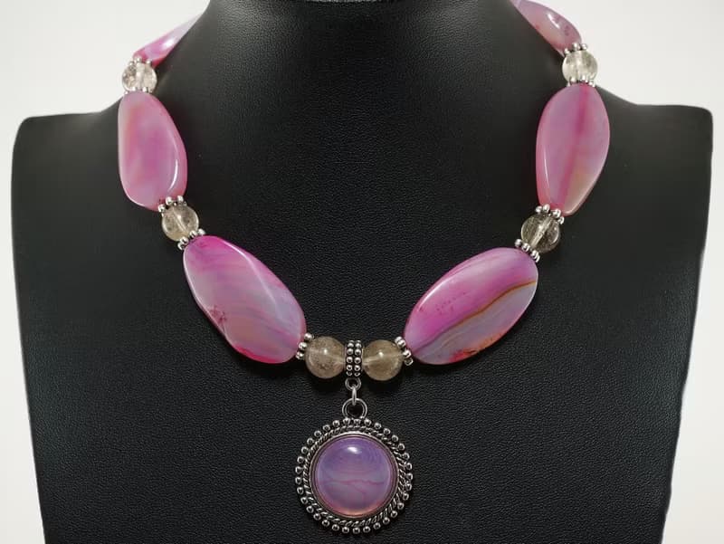 Pink Fuchsia Agate Large Beaded Statement Pendant Necklace Choker Jewelry Gift