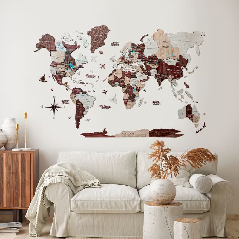 Wood World Map With Borders, Home Decor, Anniversary Gift for Couple