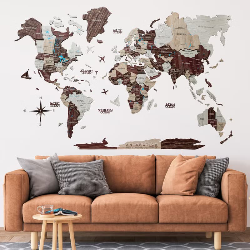 Wood World Map With Borders, Home Decor, Anniversary Gift for Couple