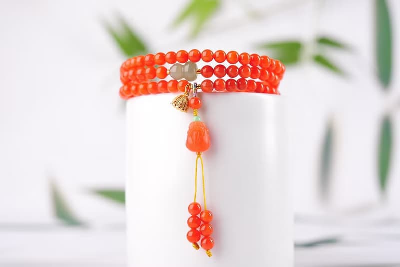 精品天然四川南紅手鏈 繞手3圈 柿子紅 搭配天然南紅貔貅