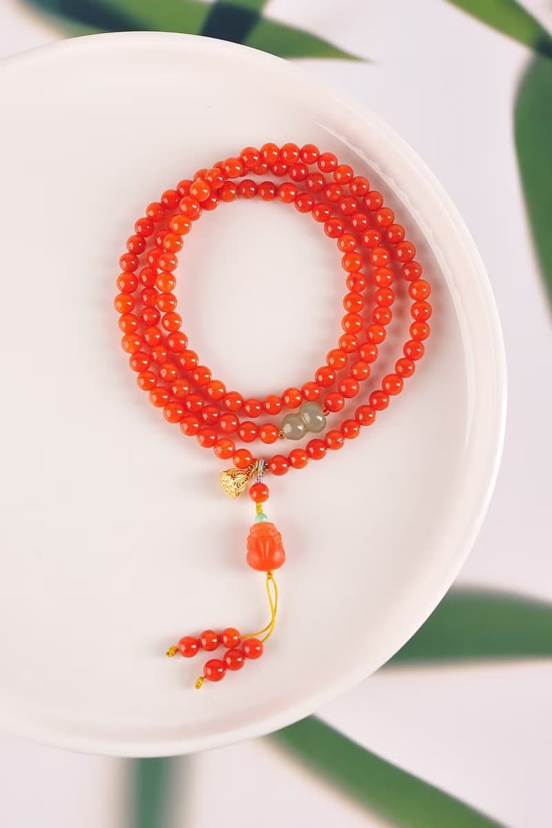 精品天然四川南紅手鏈 繞手3圈 柿子紅 搭配天然南紅貔貅