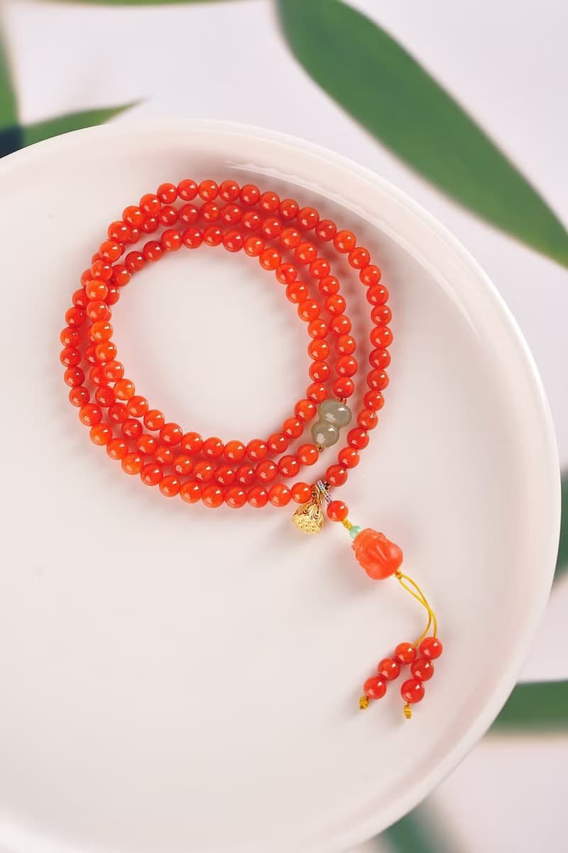 精品天然四川南紅手鏈 繞手3圈 柿子紅 搭配天然南紅貔貅