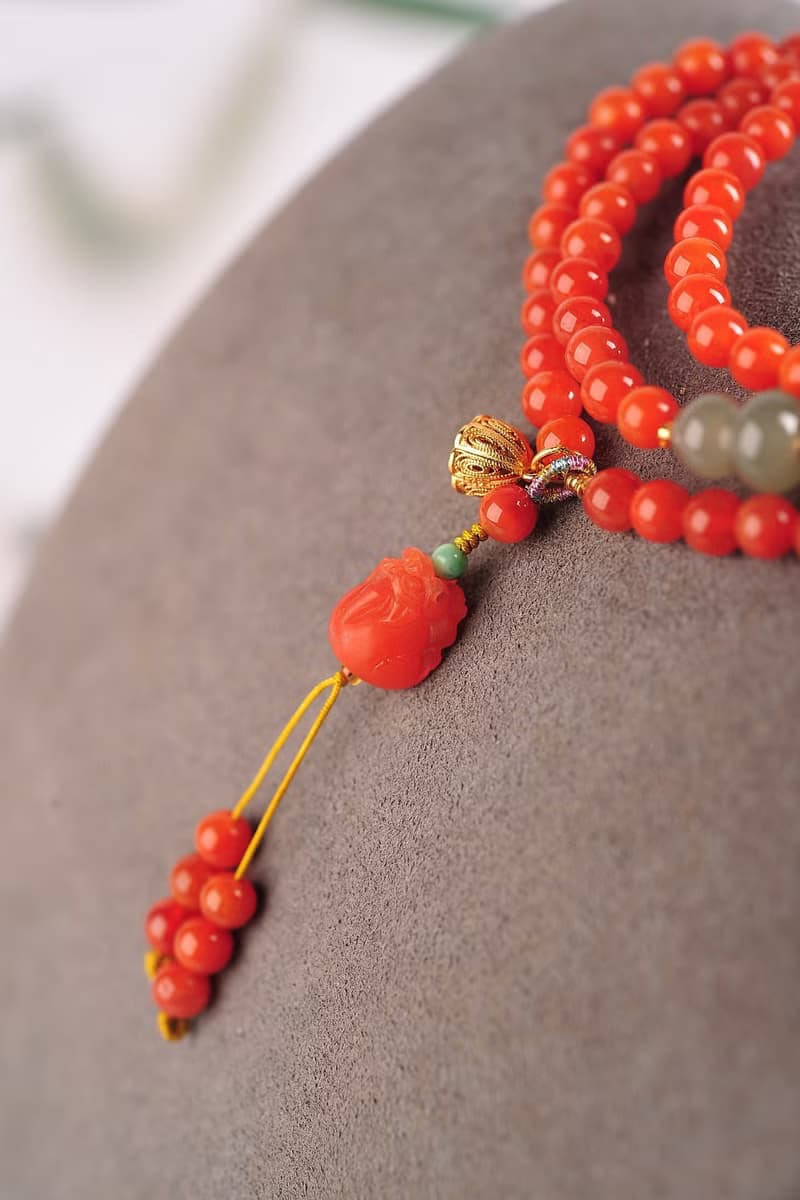 精品天然四川南紅手鏈 繞手3圈 柿子紅 搭配天然南紅貔貅