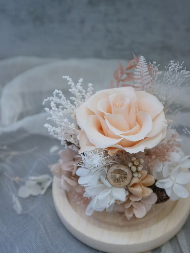 永生花玻璃罩水晶球 - 溫柔淡橙