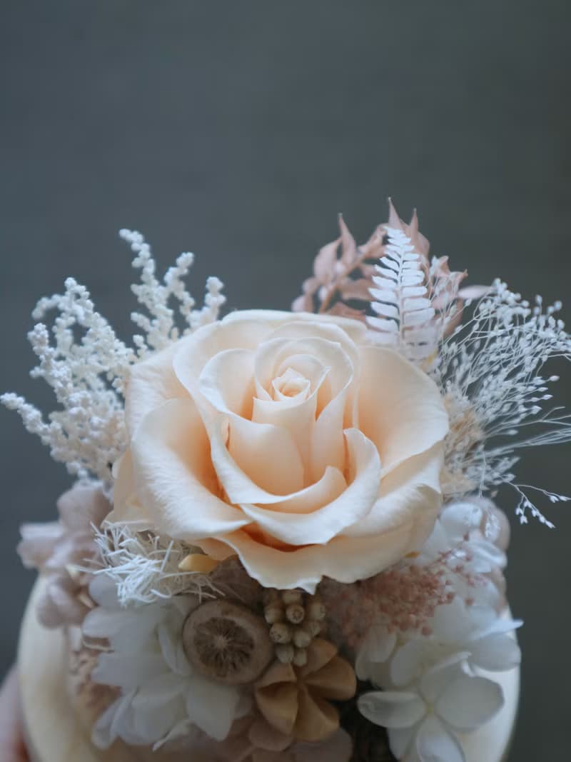 永生花玻璃罩水晶球 - 溫柔淡橙