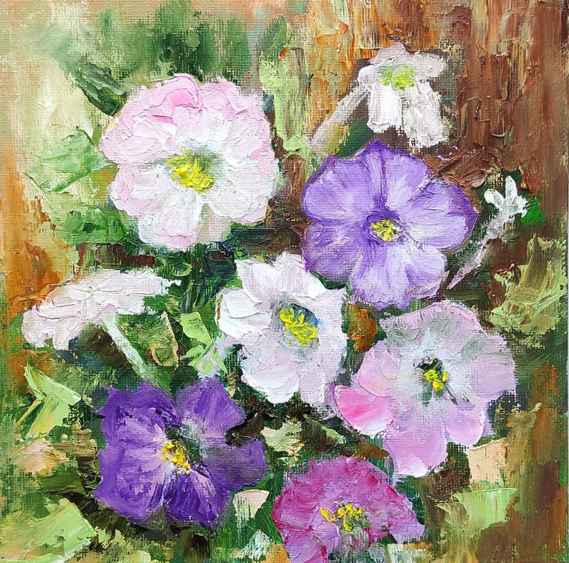 Petunia Flowers Original Oil Painting Garden Floral Wall Art Gift 手工油畫 油畫原作