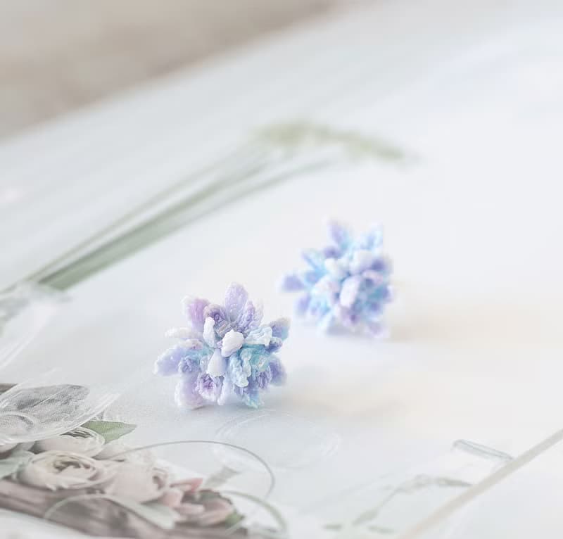 萬華鏡 繡球花 耳針/耳夾 紫藍 人手染色編織花 細工微鉤 附軟墊