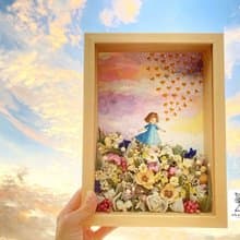 【特別な日のお祝い・誕生日・サロン飾り】初個展記念_プリザーブドフラワー・ドライフラワーと水彩画の空と花ミクストメディアフレームB5サイズsorahana_０