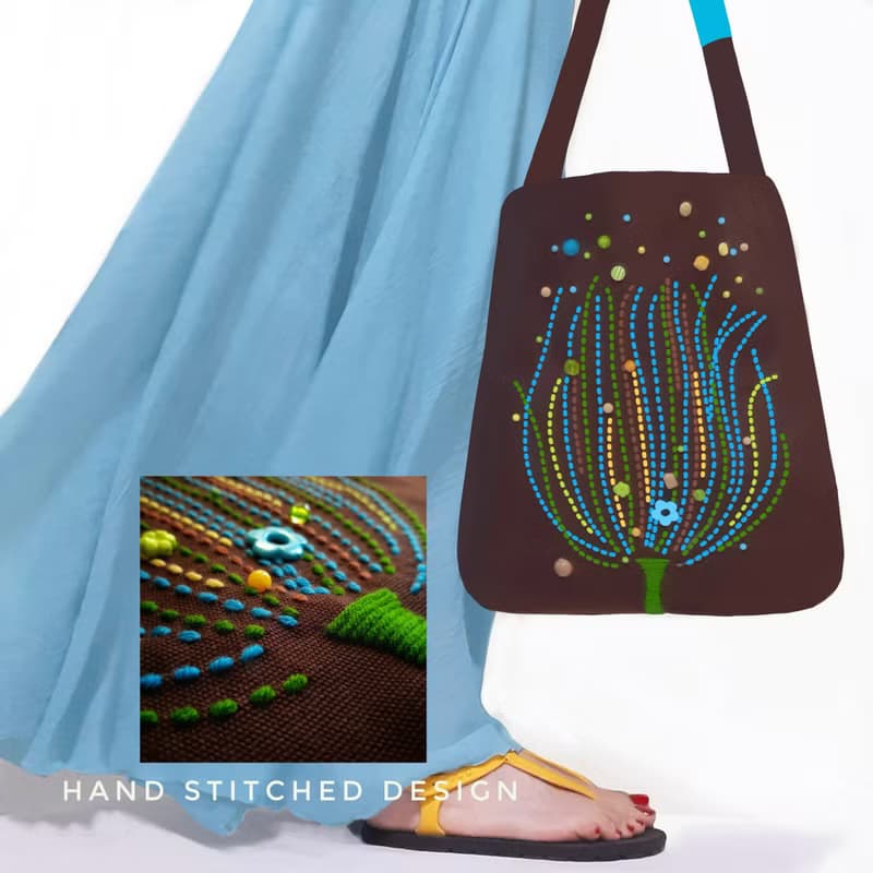 12x13.25 inch tote bag. Fun and original with hand-stitched design and beads