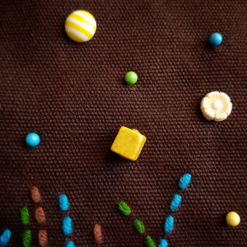 12x13.25 inch tote bag. Fun and original with hand-stitched design and beads
