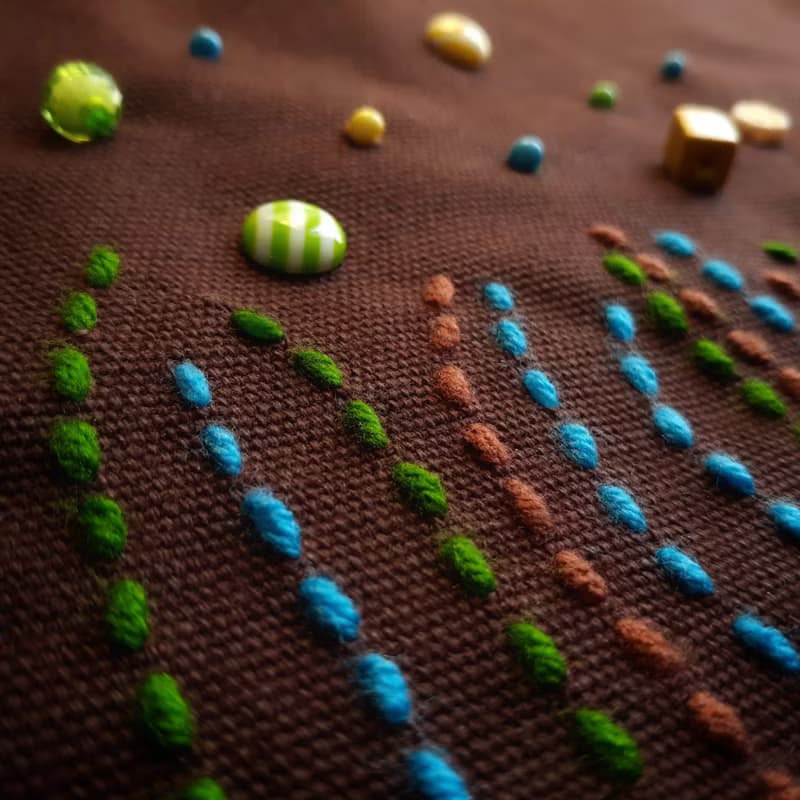 12x13.25 inch tote bag. Fun and original with hand-stitched design and beads