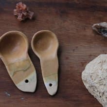 純手捏橘黃色小鳥形象陶瓷湯匙/陶匙(1對)