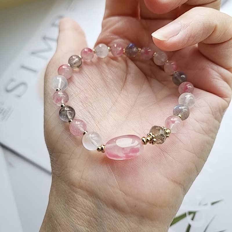 桃花好人緣~櫻花雨薔薇輝月光石拉長石手鍊