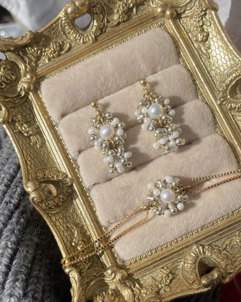 白絲絨珍珠耳墜 復古黃銅 淡水珍珠 日本珠