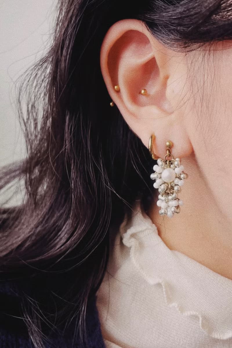 白絲絨珍珠耳墜 復古黃銅 淡水珍珠 日本珠